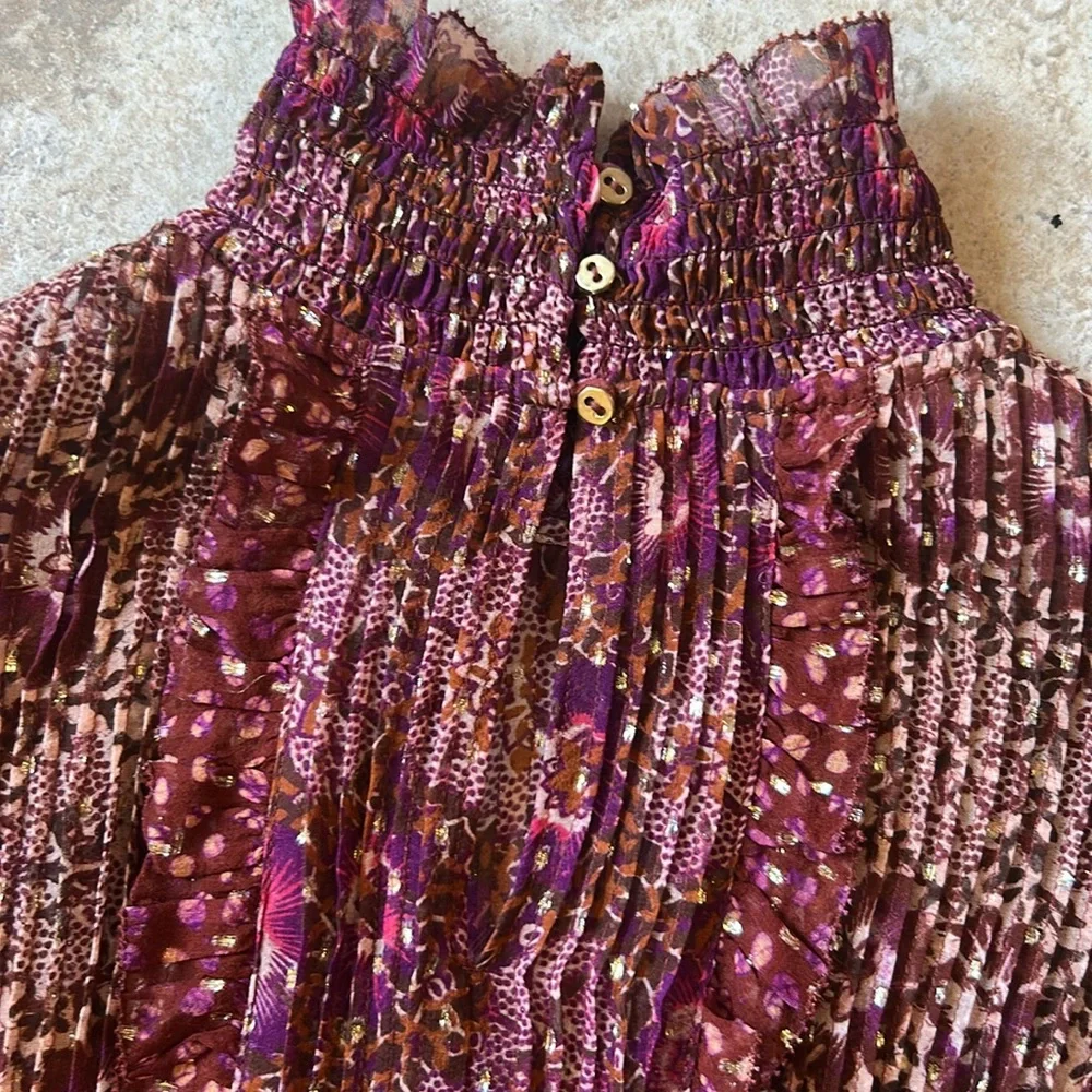 Ulla Johnson Burgundy Floral Ruffled High-Neck Blouse